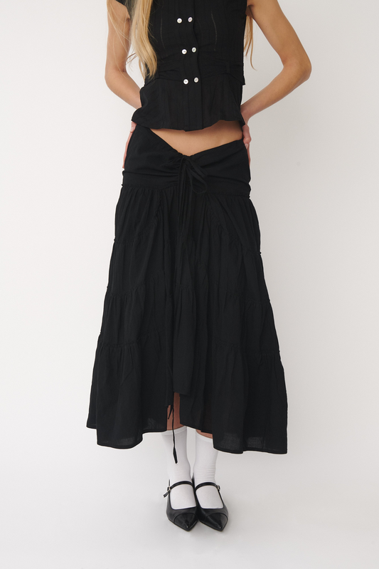 Alma Ruffle Maxi Skirt | Black Cotton