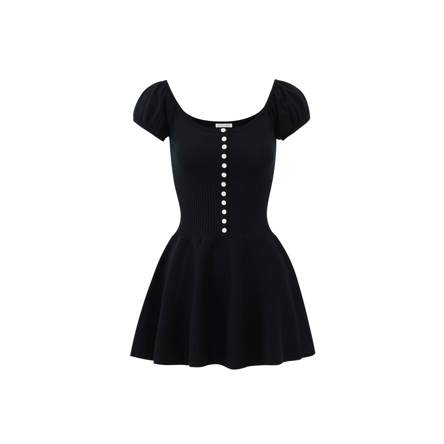 a 3d view of Lise dress in black, soft knitted cotton blend fabric with 12 mother of pearl buttons