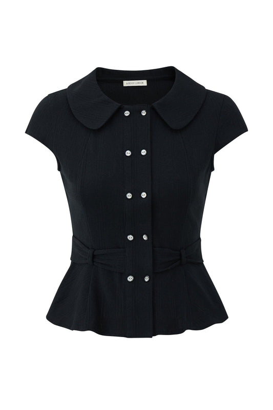 A 3d white background photo of Virginia Blouse Pointelle in black, cute Double breasted shell buttons and cute peter pan collar design cap short sleeve blouse– independent designer womenswear by A Room London
