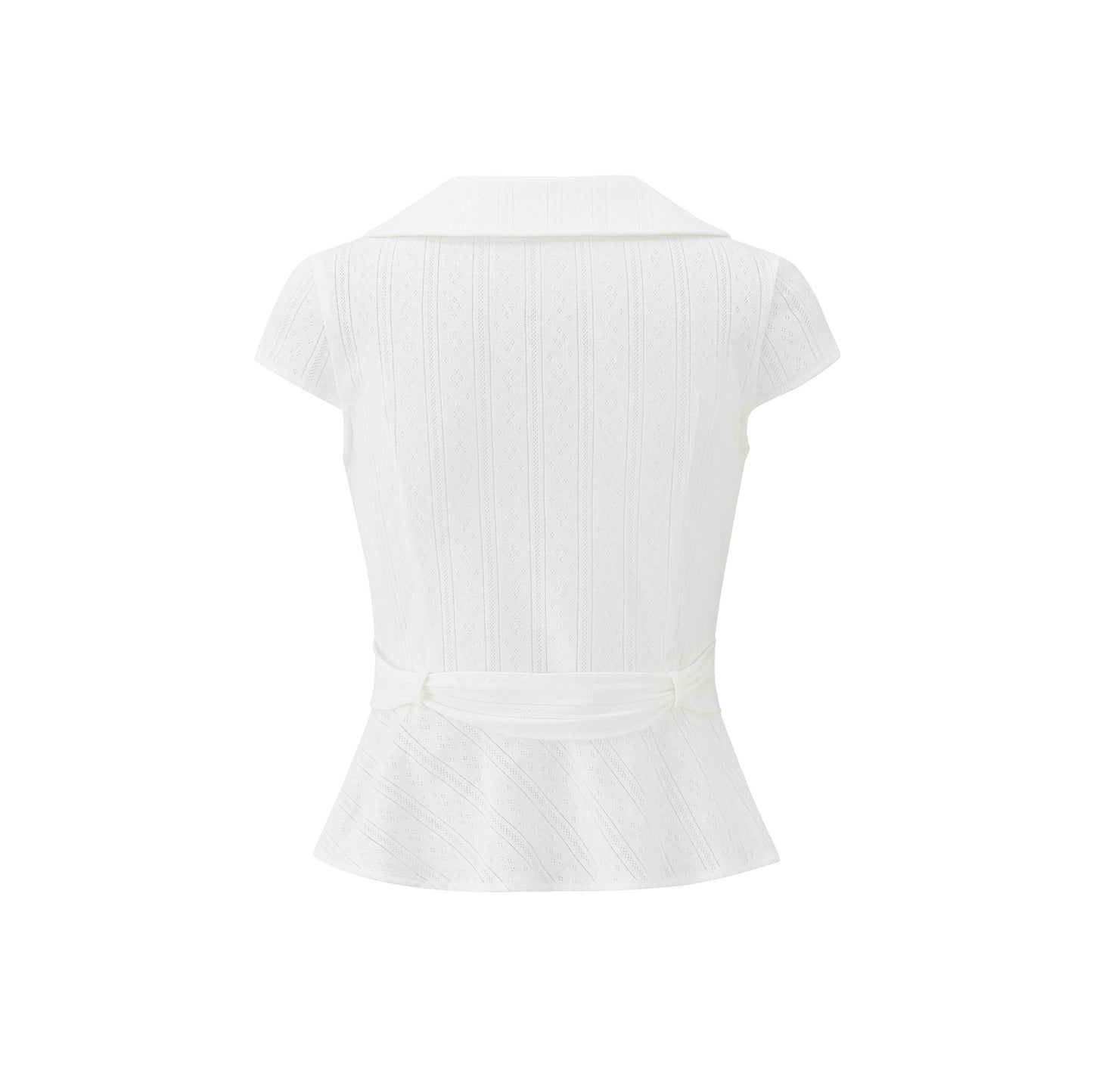 Virginia Blouse Pointelle in black – back ghost mannequin view showing cap sleeves, Peter Pan collar, and double-breasted shell buttons. Independent designer womenswear by A Room London.