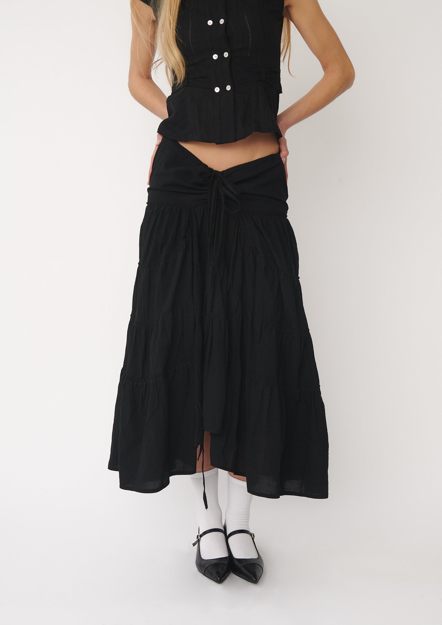Alma Ruffle Maxi Skirt | Black Cotton