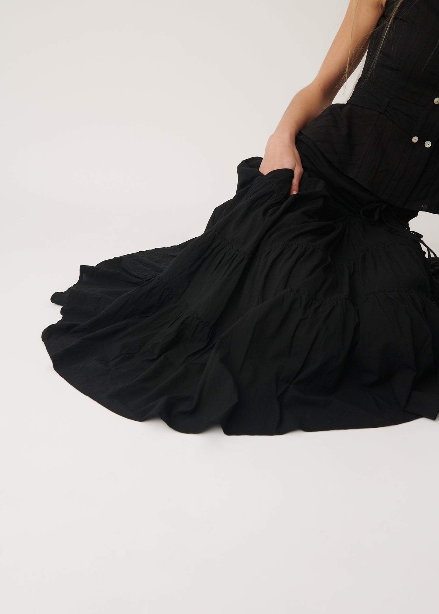 Alma Ruffle Maxi Skirt | Black Cotton