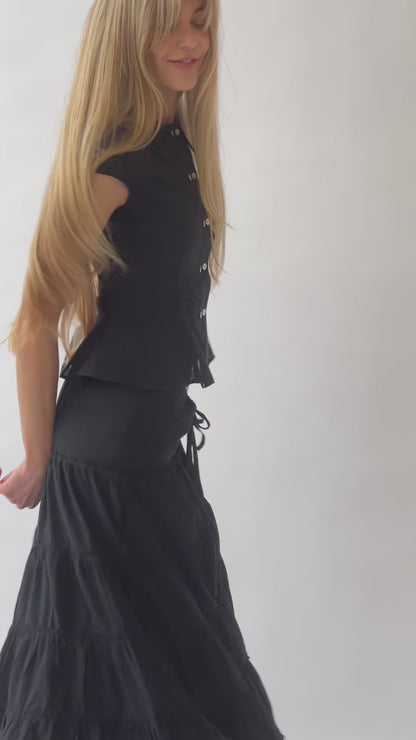 Alma Ruffle Maxi Skirt | Black Cotton