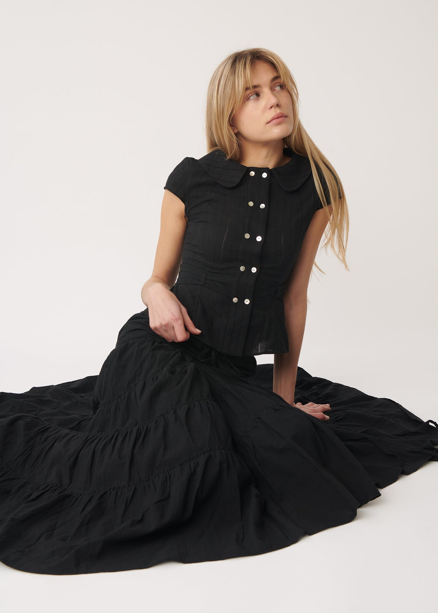 front view of model wearing Virginia Blouse, cotton texture with shell buttons – A Room London