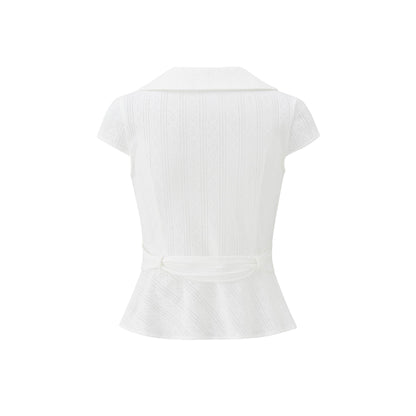 Virginia Blouse Pointelle in black – back ghost mannequin view showing cap sleeves, Peter Pan collar, and double-breasted shell buttons. Independent designer womenswear by A Room London.